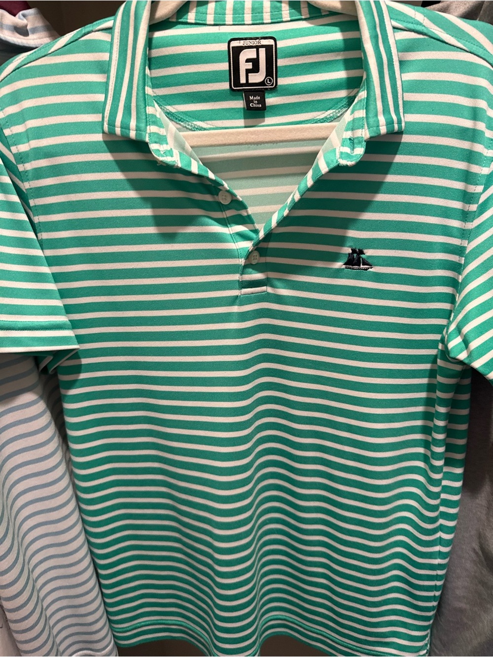 FootJoy Junior Striped Polo in Mint Green and White